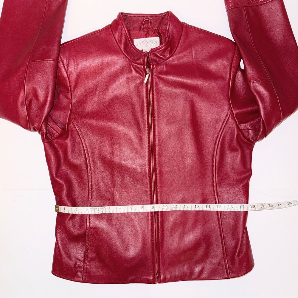 Casual Corner Annex Petite 90's Red Leather Jacket Zip Front Racing Lined M - Picture 9 of 16